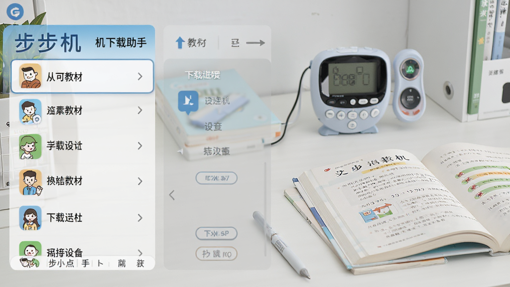 一张展示步步高点读机下载助手主界面的高清截图,界面左侧为教材列表,右侧为下载进度与设备连接状态,背景为整洁的书桌,摆有点读机与课本,画面明亮清晰,风格写实,干净无多余元素