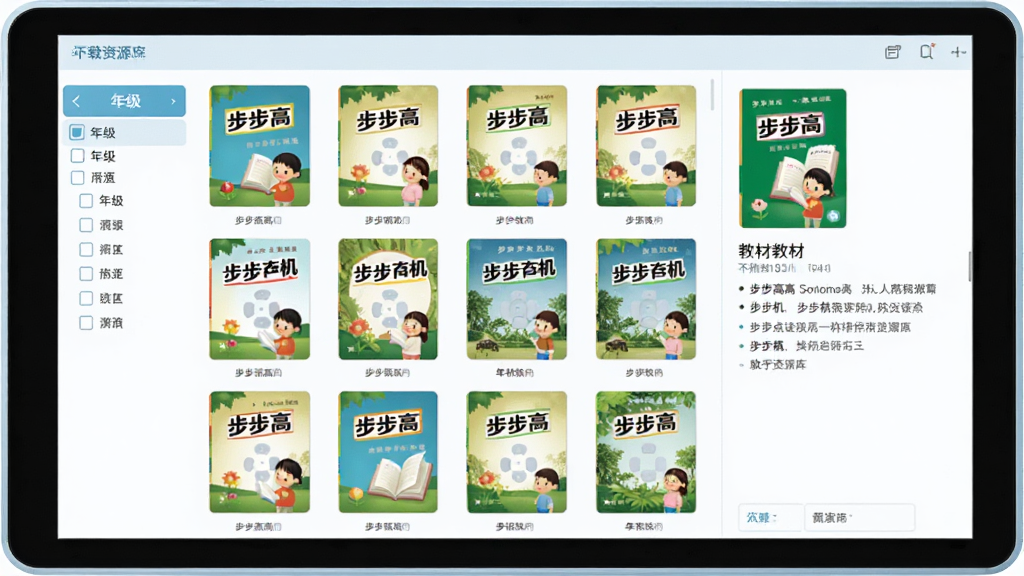 步步高点读机下载助手资源库界面预览图,屏幕中显示多本教材封面缩略图,排列整齐,左侧有年级筛选栏,右侧显示教材详情,整体色调清新,界面干净,无多余元素