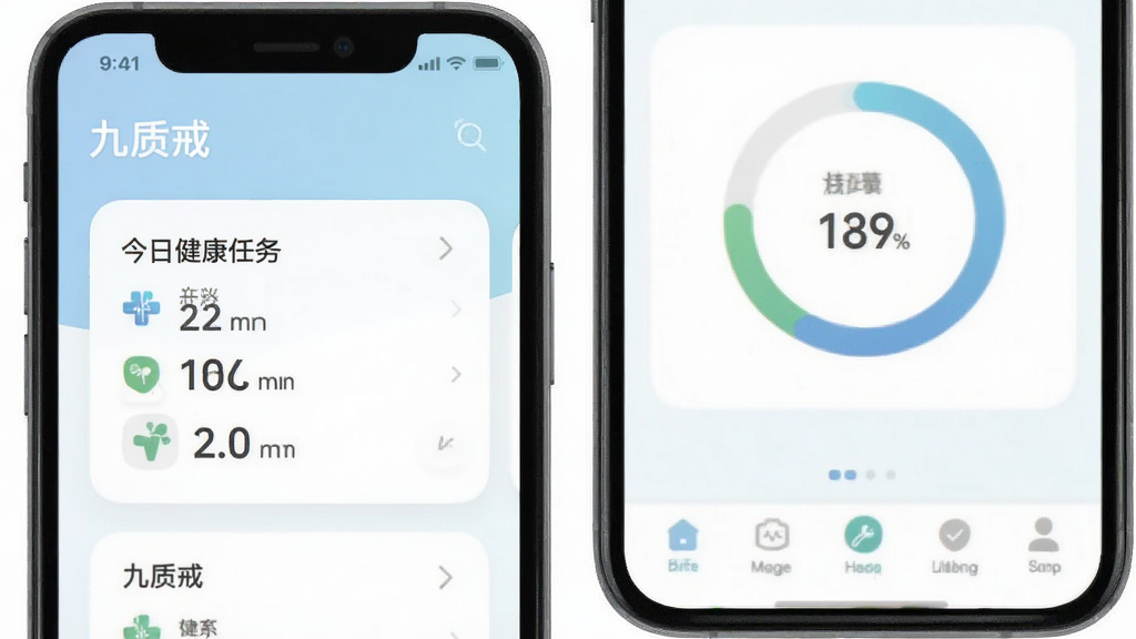 九质戒健康管理软件主界面预览图,展示手机屏幕上的九质戒应用,包含今日健康任务卡片、环形进度图表和底部导航栏,整体风格清新简洁,浅色背景,扁平化设计,界面布局清晰,文字标签显示“九质戒”,画质干净无多余元素