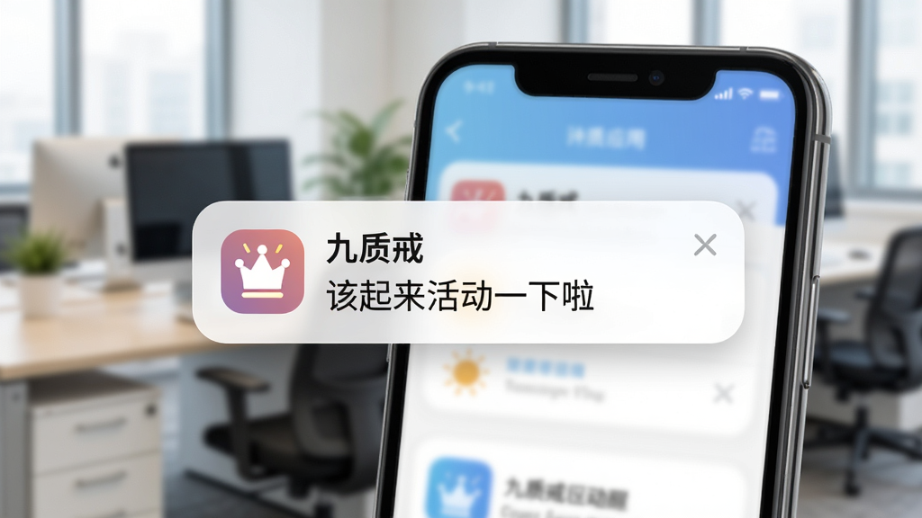 九质戒应用提醒功能示意图,手机上显示一条来自“九质戒”的横幅通知,内容为“该起来活动一下啦”,背景是模糊的办公室场景,通知卡片圆角设计,带有小图标,整体风格写实明亮,画质干净