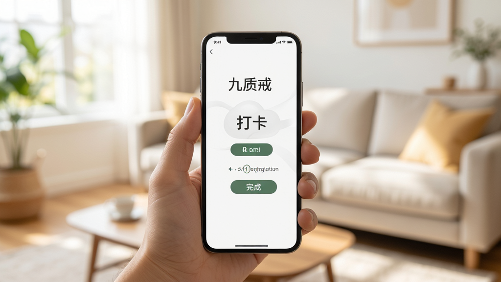 九质戒手机端使用场景图,一只手拿着手机,屏幕显示九质戒的打卡完成动画,背景是明亮的客厅,画面温馨自然,对焦清晰,风格写实,画质干净无多余元素