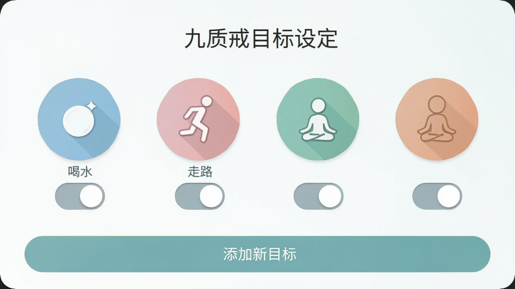九质戒目标设定页面,展示多个圆形图标代表不同习惯(喝水、走路、冥想),每个图标下方有开关按钮,页面底部有“添加新目标”按钮,整体配色柔和,图标风格统一,UI设计扁平化,画质干净