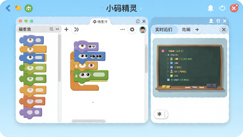 一张展示小码精灵软件主界面的高清截图,画面中央是一个色彩明亮的编程学习项目编辑区,左侧为积木块代码库,右侧为实时运行预览窗口,背景为浅蓝色渐变,整体风格简洁活泼,适合儿童教育软件,UI设计圆润可爱,画质干净无多余元素