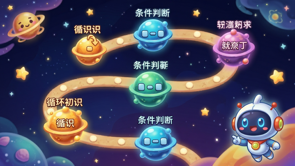 小码精灵软件闯关地图界面展示,画面以卡通风格的星空为背景,一条弯曲的路径串联多个发光的星球关卡,每个星球上标有“循环初识”、“条件判断”等知识点名称,右下角悬浮着一个卡通吉祥物,整体色彩丰富,画质细腻