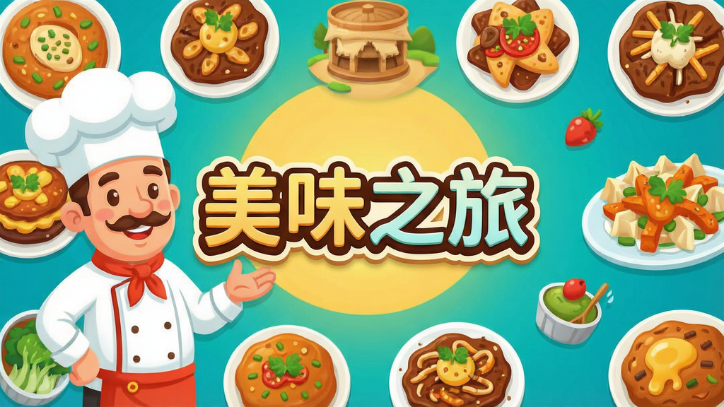 游戏主界面展示一位卡通厨师与世界各地美食,画面中央可见“美味之旅”字样,暖色调,色彩鲜艳,布局饱满,UI风格扁平化,细节丰富,高清画质,干净无多余元素。