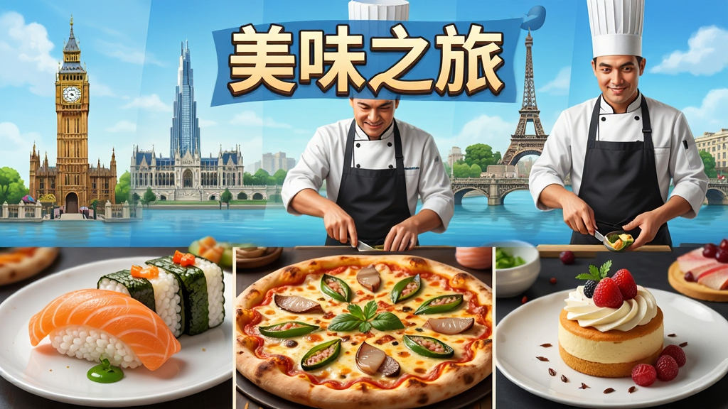 游戏中展示多道精美菜品的制作特写,如寿司、披萨、甜点,厨师角色正在操作,背景为世界各地地标,带有“美味之旅”标题,画面明亮,细节精致,食品质感真实,布局清晰,画质高清。