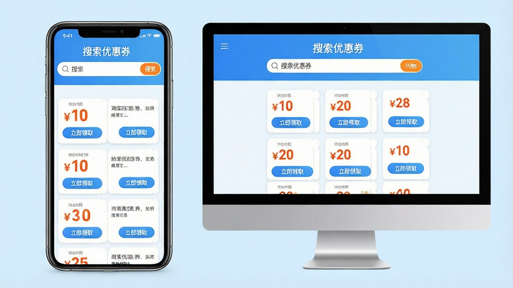 主体:手机与电脑屏幕上同时展示淘宝客查返利软件的优惠券搜索界面,屏幕上出现“搜索优惠券”的界面和结果列表;布局:左侧为手机模型,右侧为电脑显示器模型,两者屏幕内容同步显示;排版:上下排列,界面顶部为搜索框,下方为优惠券卡片瀑布流;风格:清新明亮,浅蓝色背景,卡片圆角化处理;细节:每张卡片上标有“¥10”“¥20”等券面金额及“立即领取”按钮,整体以蓝白为主色调;画质:高清,干净,无多余元素。