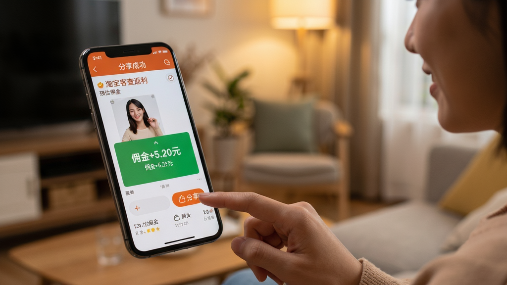 主体:一个用户正在使用手机分享淘宝客查返利软件中的商品给好友,手机屏幕显示分享成功并弹出“佣金+5.20元”的提示;布局:人物位于画面右侧,手机位于画面中央偏左,背景为客厅环境模糊处理;排版:前景为手机界面特写,背景为人物操作场景;风格:生活化写实风格,暖色调灯光;细节:手机界面清晰显示商品图片和“预估佣金”字样,人物手指点击“分享”按钮;画质:高清,干净,无多余元素。