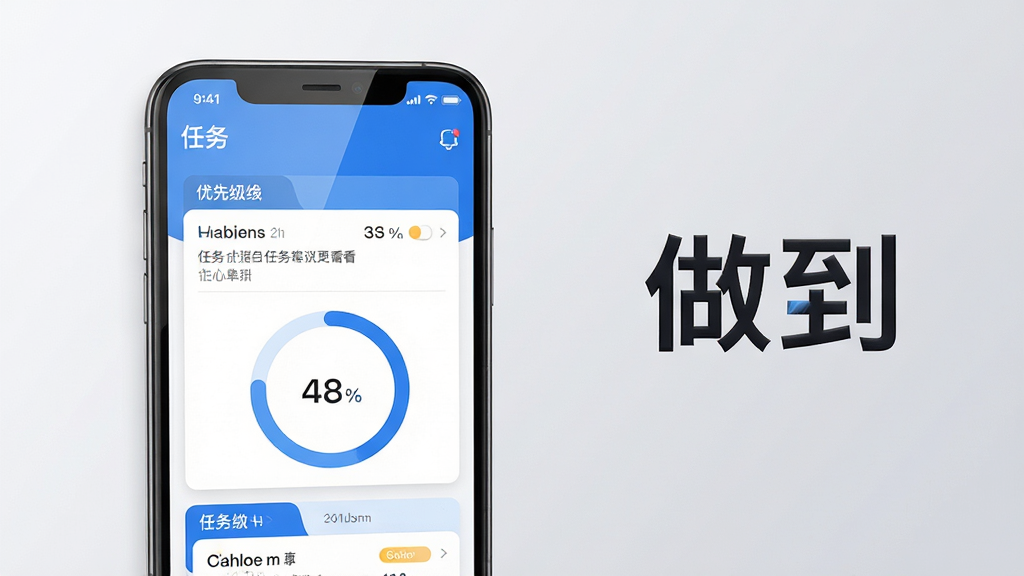 主体:“做到”App主界面展示,一部手机屏幕内清晰显示任务看板与进度环。布局:手机居中偏左,右侧留白处标注“做到”中文Logo。排版:界面整洁,任务卡片按优先级排列,色彩以蓝白为主。风格:现代扁平化,拟物细节精致。细节:屏幕反光自然,任务字体清晰可见,背景为浅灰色渐变。画质:4K超清,干净,无多余元素。