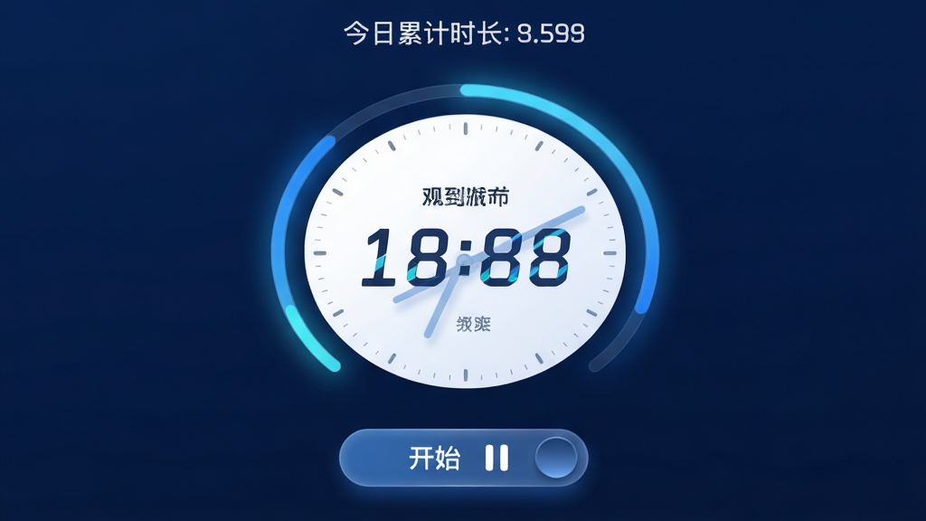 主体:“做到”App专注计时界面,显示一个正在倒计时的圆形时钟。布局:时钟居中,下方有开始暂停按钮,顶部显示今日累计时长。排版:简洁大方,数字动态显示。风格:科技感,背景深蓝色。细节:时钟外圈有进度光晕,按钮有按压效果。画质:超清,干净,无多余元素。