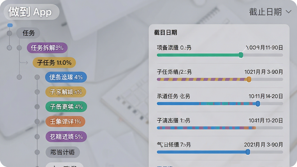 主体:“做到”App的任务拆解功能截图,显示一个项目被分为多个子任务及进度条。布局:左侧为任务树状图,右侧为详细内容与截止日期。排版:层级分明,子任务以不同颜色标签区分。风格:商务简约,界面柔和。细节:进度条带有百分比数字,日期标注清晰。画质:高清,干净,无多余元素。
