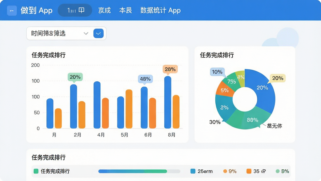 主体:“做到”App的数据统计报表界面,展示柱状图与饼图。布局:图表上方有时间筛选器,下方有任务完成排行。排版:数据标签清晰,色彩区分明显。风格:清新商务,浅色背景。细节:柱状图带有圆角,饼图带有百分比标注。画质:高分辨率,干净,无多余元素。