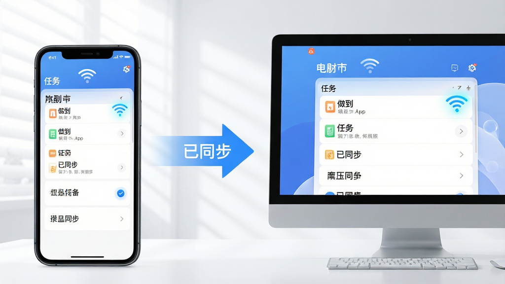 主体:“做到”App在手机与电脑端同步使用的场景,手机与电脑屏幕均显示相同任务列表。布局:手机在左,电脑在右,中间有箭头表示同步。排版:界面干净,显示“已同步”字样。风格:现代科技感,光线明亮。细节:数据一致,无线网络图标亮起。画质:高清晰,干净,无多余元素。