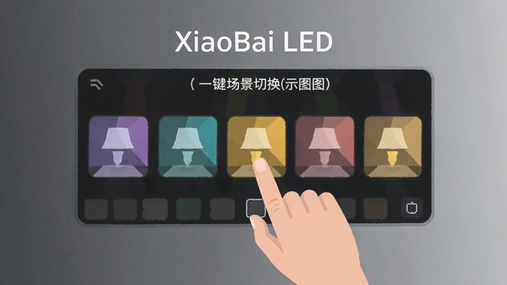 展示“XiaoBai LED”一键场景切换功能的示意图,界面显示多个彩色方块代表不同场景,手指点选其中一个方块,灯光变化为暖黄色,背景为渐变灰墙,构图居中,扁平插画风格,细节丰富,干净无多余元素,画质清晰。