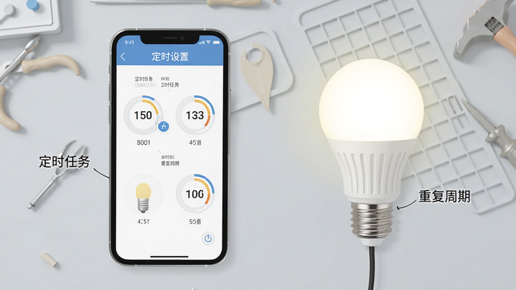 展示“XiaoBai LED”使用指南的示意图,手机屏幕显示定时设置页面,有多个时间圆环,旁边有一盏亮起的LED灯泡,背景为浅灰色工作台,构图干净,以手机和灯泡为中心,扁平化风格,画质清晰,文字标注“定时任务”和“重复周期”。