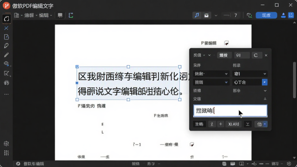 傲软PDF编辑文字编辑功能演示,界面显示选中文本并弹出字体设置面板,光标处有输入框,背景为文档页面,展示修改文字的流畅操作,画面清晰专业。