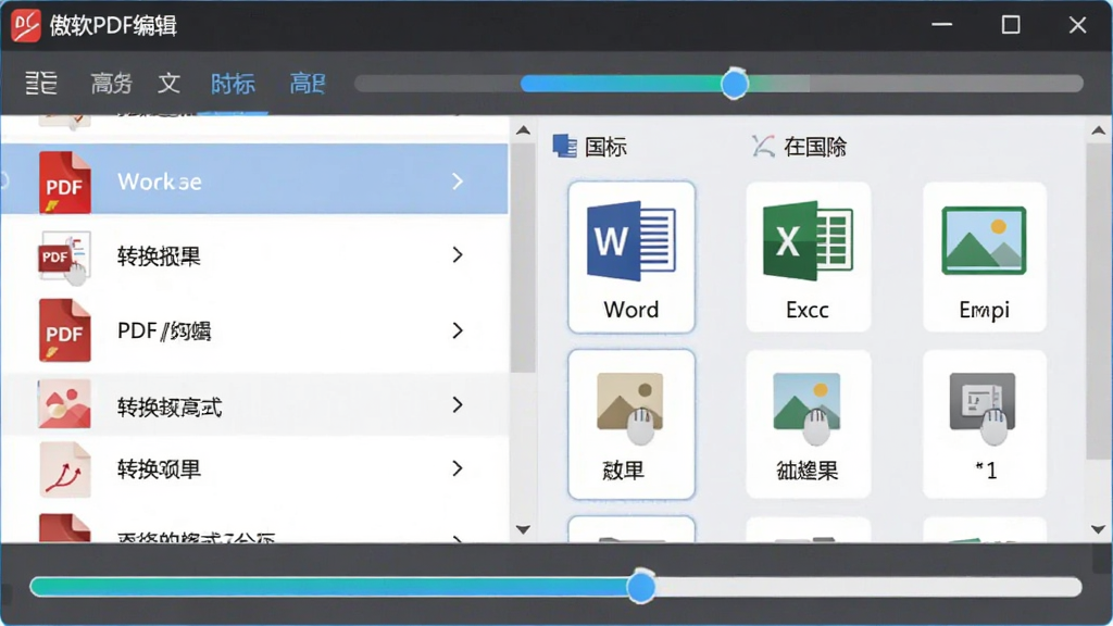 傲软PDF编辑格式转换界面,展示PDF文件列表与目标格式选项图标,包括Word、Excel、图片等,背景有进度条,整体风格简洁明了,体现转换功能的高效与多样。