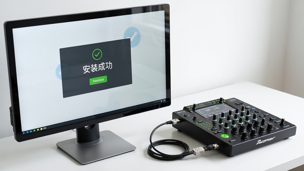 主体:电脑屏幕显示安装成功界面,旁边摆放着先锋DDJ-S1控制器,USB线连接中。布局:屏幕在左侧,控制器在右侧,形成互动感。排版:水平构图,背景为干净的桌面环境。风格:明亮写实,色彩自然。细节:屏幕上显示“安装成功”字样,控制器的指示灯亮起绿色。画质:高清,干净,无多余元素。
