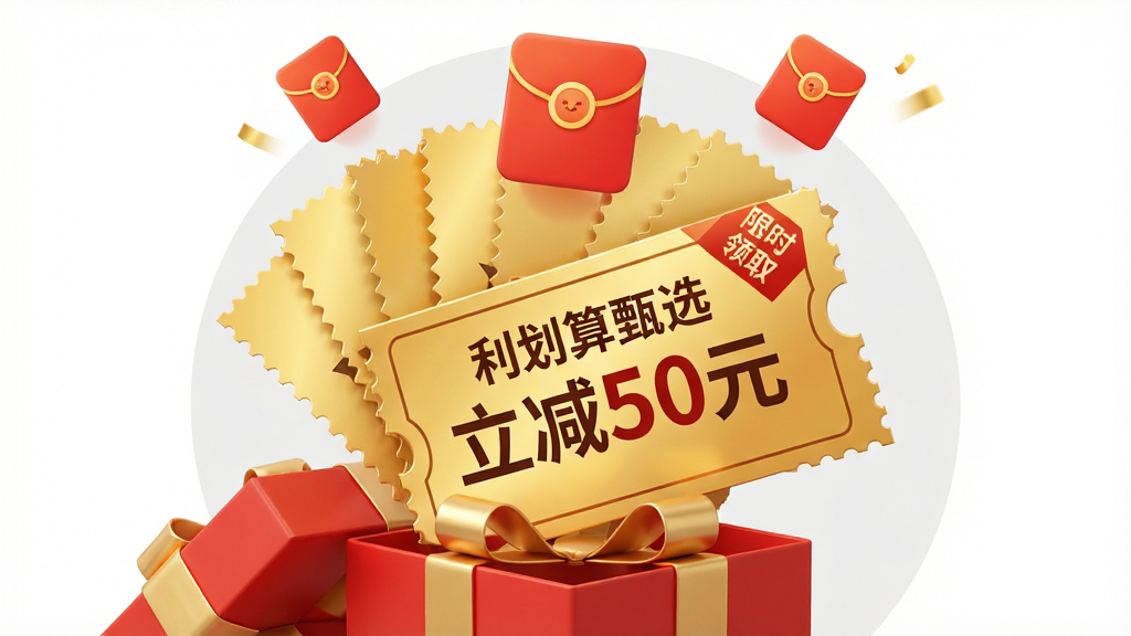 主体:一个打开的礼物盒,盒内飞出一张金色的优惠券卡片,卡片上印有“利划算甄选”字样和“立减50元”的字样。布局:礼物盒位于画面下方,飞出的卡片呈扇形排列,上方悬浮着红包图标。排版:卡片上的文字醒目,背景为纯白色带浅灰色圆形底纹。风格:节日促销喜庆风格,红金色调。细节:卡片边缘有锯齿状裁剪线,部分卡片带有“限时领取”标签。画质:高清渲染,色彩饱和度高,画面干净整洁。