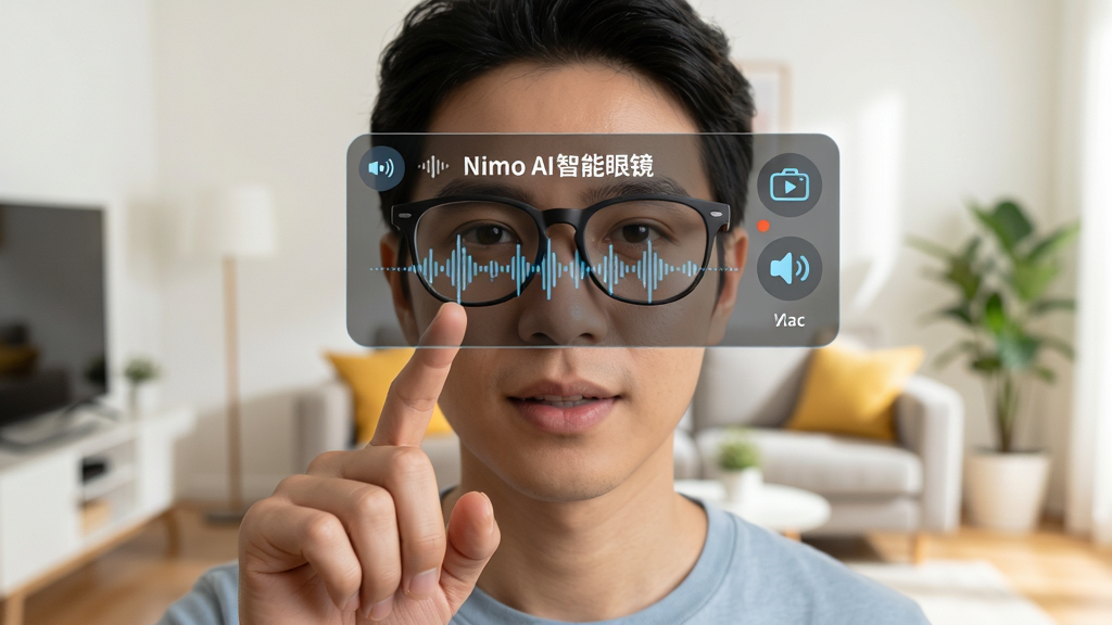 功能展示图:智能眼镜佩戴者伸出手指对着眼镜镜片上的虚拟语音助手界面说话,界面显示“Nimo AI智能眼镜”字样和声波动画,场景为明亮的客厅,主体人物居中,布局清晰,风格写实,细节表现语音识别的波形与界面图标,画质干净无多余元素