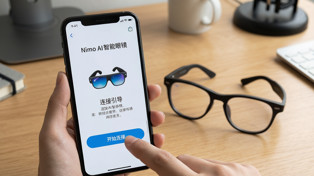 教程配图:手机屏幕显示“Nimo AI智能眼镜”App的连接引导页面,旁边放着智能眼镜,手指正在点击“开始连接”按钮,背景为书桌,构图清晰,风格写实,细节表现屏幕上的步骤说明,画质干净无多余元素
