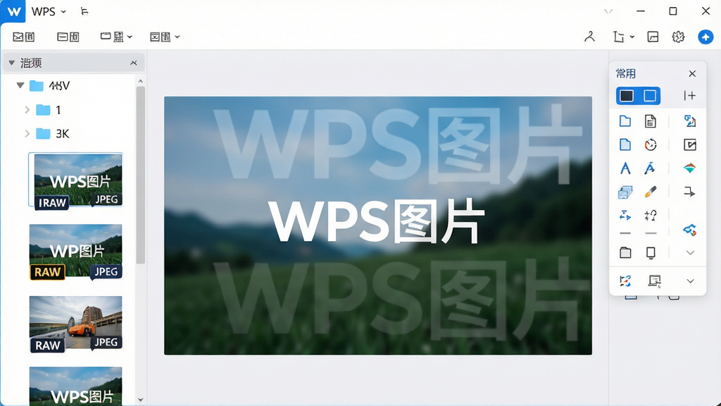 主体:WPS图片软件主界面,展示着多张高清样张图片,界面风格清爽简洁。布局:左侧为图片文件夹列表,中间是图片预览大图区域,右侧悬浮着常用编辑工具栏。排版:界面元素排列整齐,图标清晰,色彩明快。风格:现代扁平化设计,结合WPS品牌蓝白色调,整体干净专业。细节:预览图上隐约可见“WPS图片”的Logo水印,图片缩略图显示“RAW”“JPEG”等格式标签。画质:4K超清,渲染细腻,无多余元素,干净明亮。