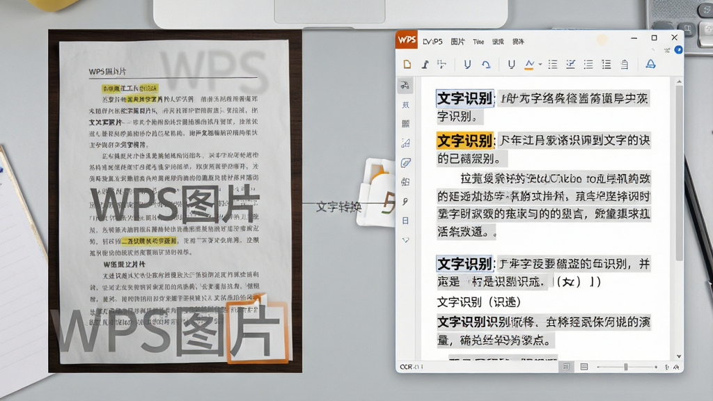 主体:一张包含中文印刷文字的纸质文档照片,旁边是WPS图片软件的OCR识别结果窗口,文字被高亮框选。布局:左侧为原始图片,右侧为识别出的文本内容,中间用一条细线连接,表示转换关系。排版:识别出的文字段落整齐排列,字体清晰。风格:教学演示风格,背景为浅灰色工作台。细节:图片上叠有半透明的“WPS图片”标识,识别结果中“文字识别”关键字加粗显示。画质:高清晰度,无多余元素,简洁明了。