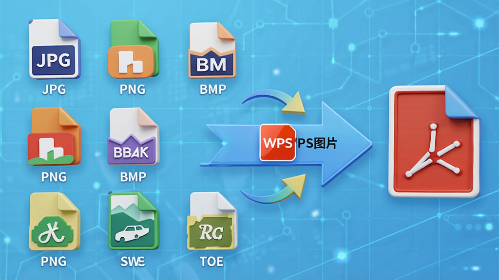 主体:一张展示图片格式转换过程的示意图,左侧是各种图片格式的图标(如JPG、PNG、BMP),右侧是PDF文档图标,中间有动态的转换箭头。布局:图标水平排列,箭头从左侧指向右侧,背景为淡蓝色科技网格。排版:图标大小均匀,下方有对应的格式名称文字。风格:简洁的3D渲染风格,色彩鲜明。细节:箭头中间有一个“WPS图片”的Logo,表示转换工具来源。画质:高清,无多余元素,视觉焦点集中。
