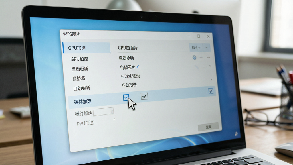 主体:一台笔记本电脑屏幕显示着WPS图片软件的设置界面,鼠标指针悬停在“硬件加速”选项上,旁边有一个对勾。布局:画面聚焦于设置窗口,背景为办公室桌面。排版:设置选项以列表形式排列,清晰易读。风格:写实风格,光线柔和。细节:窗口上显示“WPS图片”标题,以及“GPU加速”“自动更新”等菜单项。画质:高清,无多余元素,重点突出。