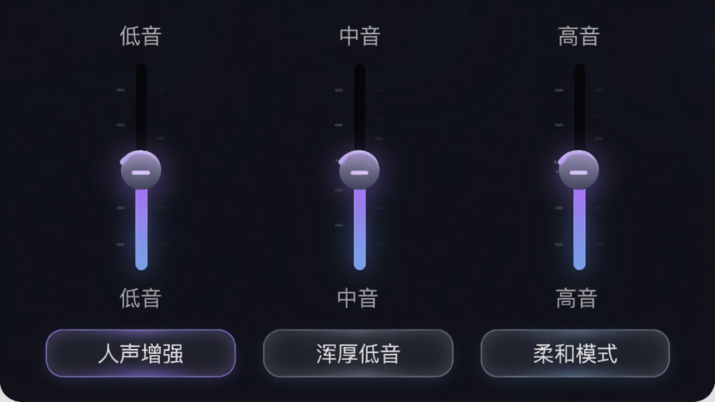 紫木云APP的音效均衡器设置界面,界面上有多个垂直滑块,分别标注“低音”、“中音”、“高音”,底部有“人声增强”、“浑厚低音”、“柔和模式”等预设按钮,整体风格深色背景,滑块带有柔和发光效果,科技感强,画质干净,无多余元素