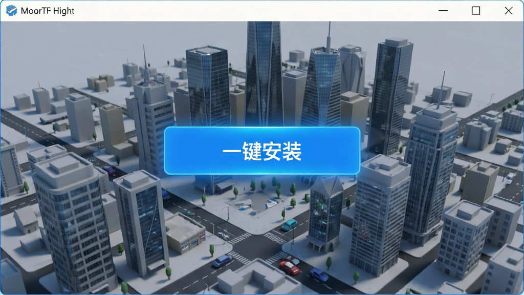 Modern City安装器界面截图,中央显示“一键安装”按钮,背景是现代化都市的3D模型,界面设计简洁清晰,按钮呈蓝色高亮状态,整体风格科技感与简约风结合,画质细腻,无多余元素。