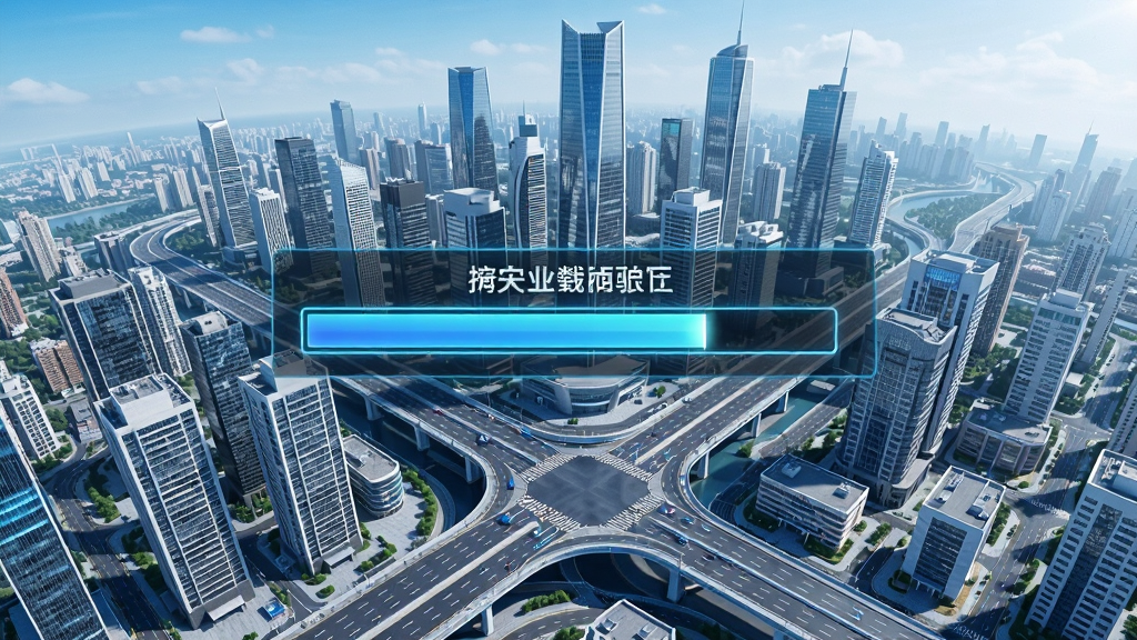 现代城市天际线鸟瞰图,高楼林立,道路纵横交错,游戏UI界面展示安装进度条,界面风格科技感十足,整体色调以蓝白为主,画面干净明亮,细节丰富,高清画质,无多余元素。