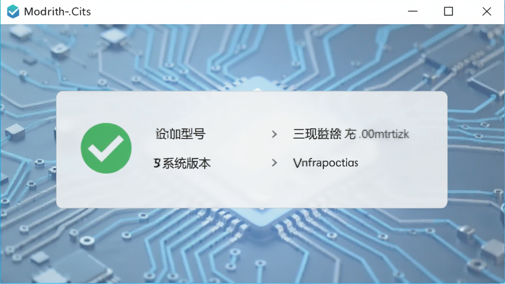 Modern City安装器兼容性检测页面,显示设备型号与系统版本,绿色对勾图标表示通过检测,背景为抽象电路板纹理,整体风格专业严谨,色彩以淡蓝与浅灰为主,画质清晰,无多余元素。