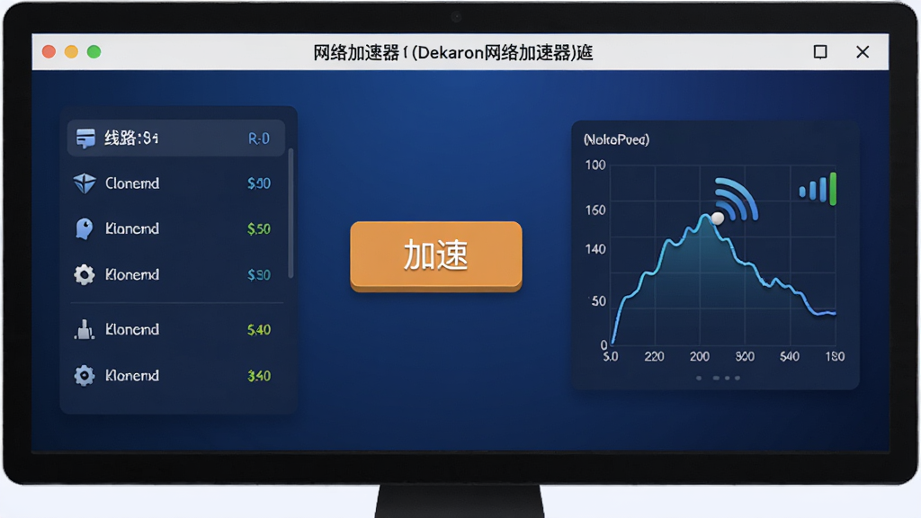电脑屏幕前显示挑战韩网络加速器(Dekaron网络加速器)的加速界面,界面左侧为线路列表,中间是明显的加速按钮,右侧实时显示网络延迟曲线图,背景为简约深蓝色渐变,整体布局清晰明快,风格扁平化结合微立体元素,细节突出数据波动与信号强度图标,画质高清,干净无多余元素
