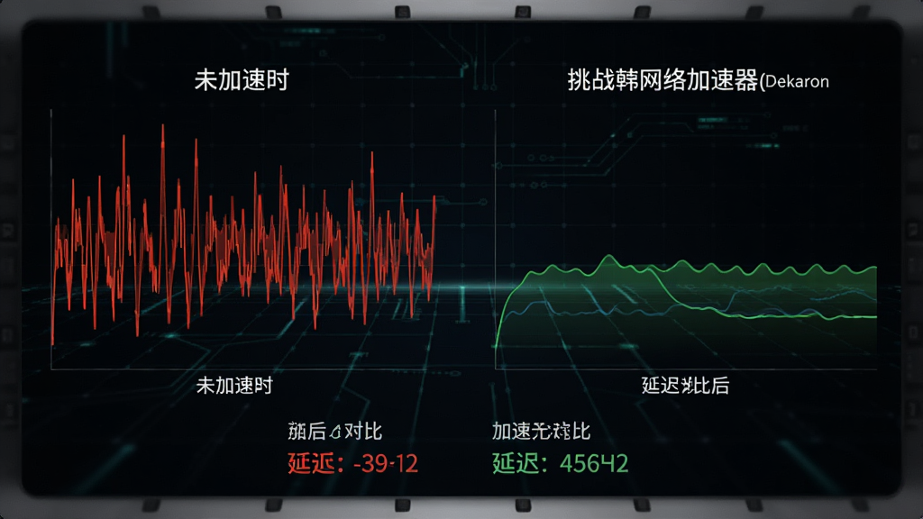 动态网络延迟对比图,左边是未加速时红色拥堵的波形,右边是使用挑战韩网络加速器(Dekaron网络加速器)后平滑的绿色低延迟波形,背景为深色科技网格,中下方有加速前后延迟数字对比。风格简洁直观,数据可视化,线条流畅,画质高清,干净无多余元素