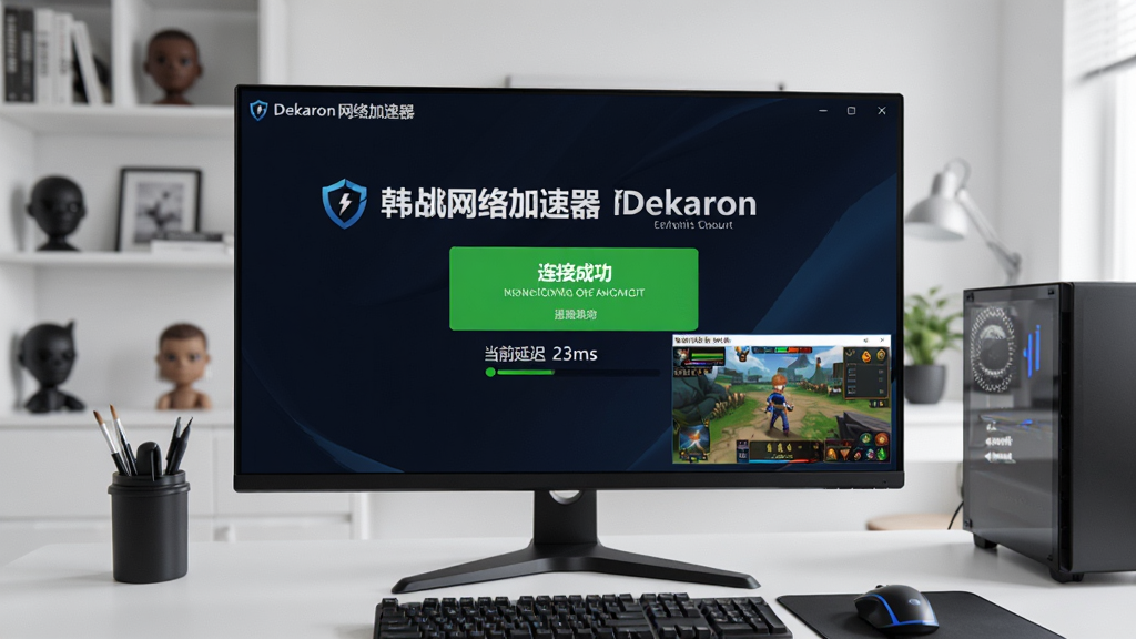 电脑桌面展示挑战韩网络加速器(Dekaron网络加速器)主界面,界面上弹出一个“连接成功”的绿色提示框,下方显示当前延迟为23ms,旁边有游戏窗口缩略图,背景为整洁的现代书房环境,整体色调明亮,布局为桌面全景,风格写实,细节清晰展示屏幕内容与桌面外设,画质高清,干净无多余元素