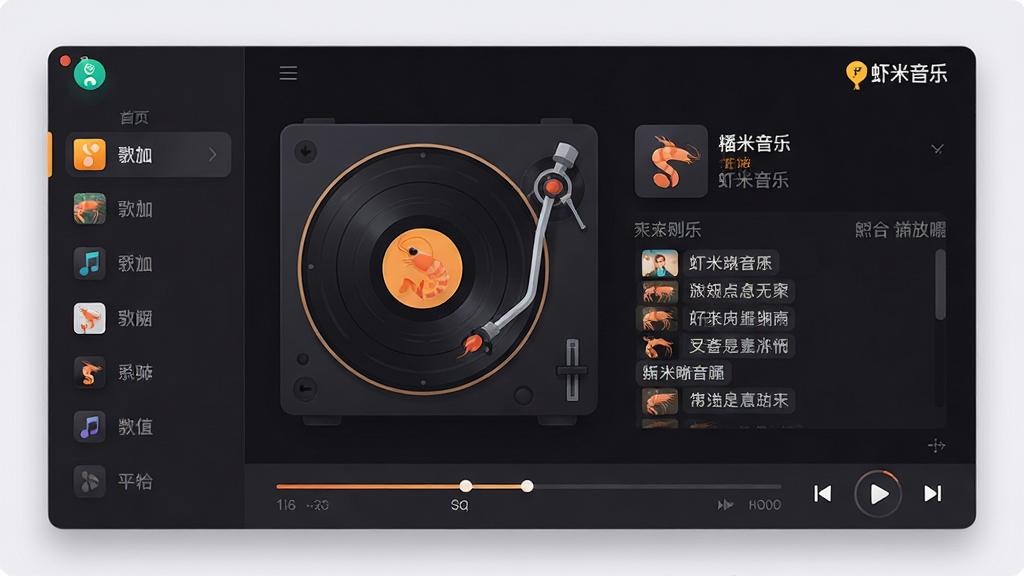 主体:虾米音乐播放界面,展示着精致唱片机转盘动画与歌曲列表。布局:左侧为歌曲分类导航栏,右侧为当前播放歌曲详情与歌词滚动显示。排版:界面简洁清晰,采用深色主题,图标与文字间距适中。风格:扁平化结合微拟物,营造沉浸式音乐氛围。细节:播放器底部控制条带有进度条与播放按钮,右上角显示“虾米音乐”字样。画质:高清,干净,无多余元素。
