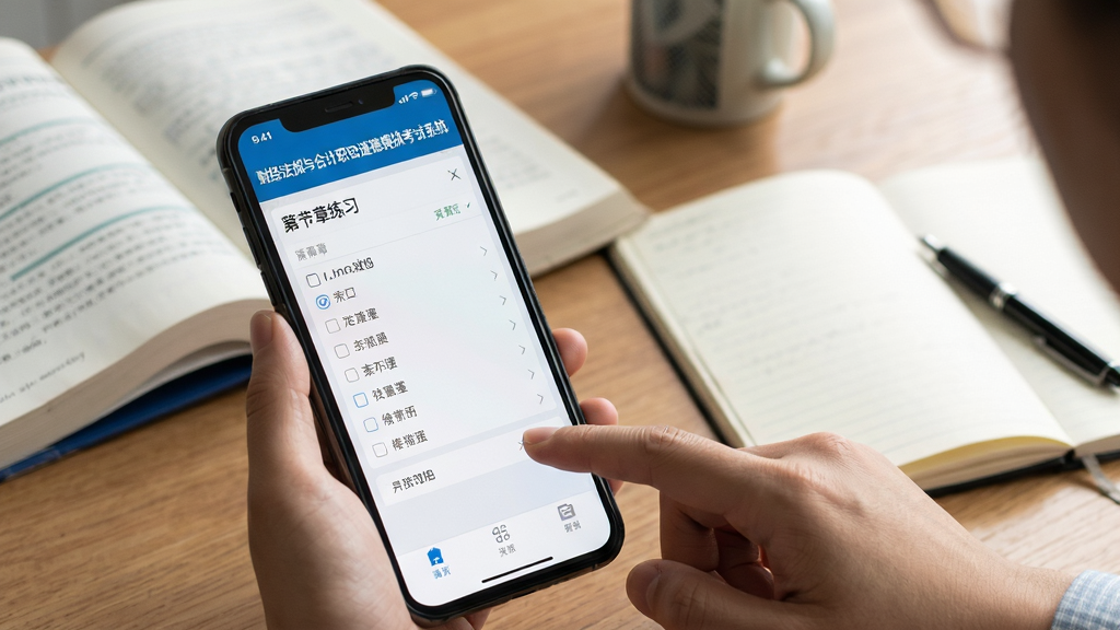一张展示用户正在使用“财经法规与会计职业道德模拟考试系统”手机APP刷题的图片,画面中手机屏幕显示章节练习界面,手指点击选项,背景为书桌上有教材和笔记本,风格真实自然,画质清晰。