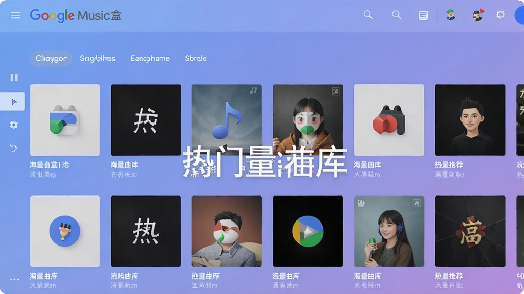 一张谷歌音乐盒在线音乐库界面的预览图,界面显示分类歌单和热门推荐,背景为柔和的蓝紫色渐变,封面网格排列整齐,突出