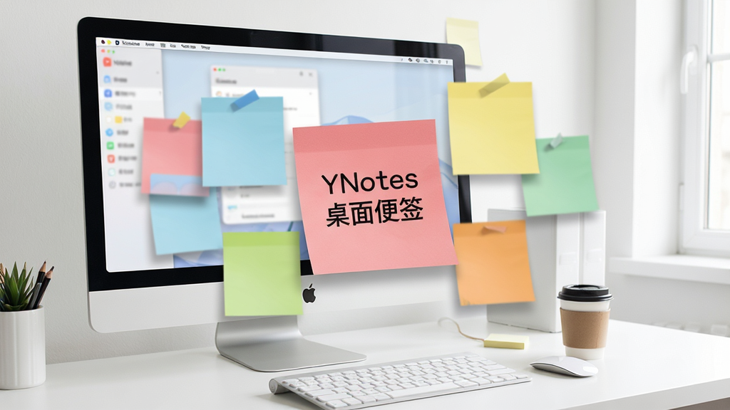 一张展示YNotes桌面便签在电脑桌面上运行的场景图,画面中有多张彩色便签悬浮于桌面,其中一张便签上写着“YNotes桌面便签”字样,背景为整洁的办公桌面,显示器、键盘、咖啡杯等元素,整体风格简洁明亮,高清画质,干净无多余元素。