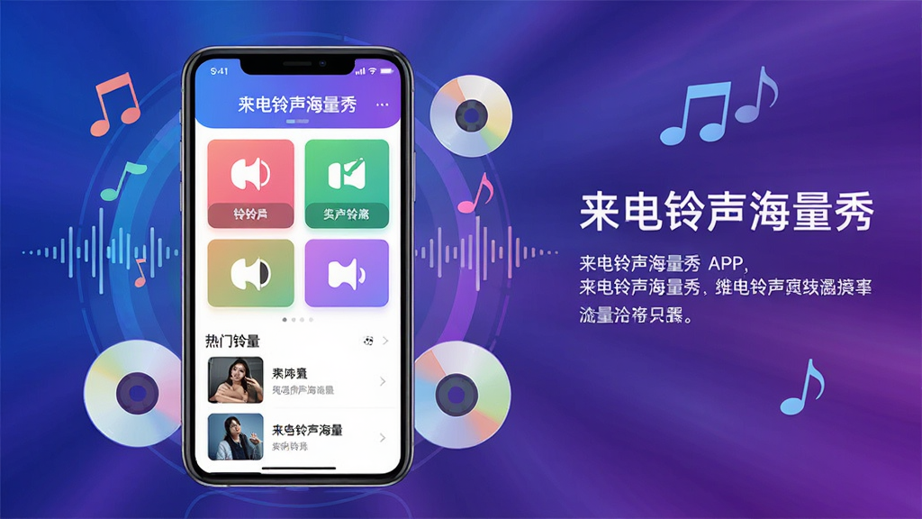 画面主体为一部亮屏的智能手机,屏幕中央显示“来电铃声海量秀”APP界面,界面中有丰富多彩的铃声分类卡片和热门铃声列表,手机周围漂浮着音符、声波和音乐光盘等元素,背景为渐变的蓝紫色科技感光效。整体布局采用居中对称,手机位于画面中心偏左,右侧搭配文字介绍区域,风格为现代扁平化插画,细节清晰,画质干净,无多余元素。