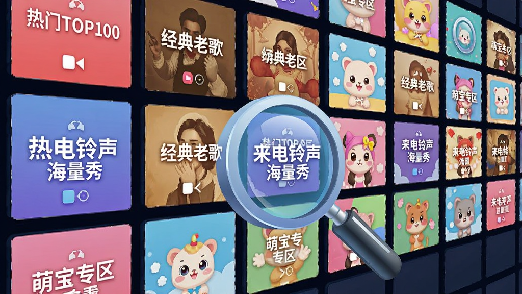 画面主体为一面巨大的手机屏幕墙,每块屏幕都展示着“来电铃声海量秀”中不同的铃声分类专辑封面,如“热门TOP100”、“经典老歌”、“萌宝专区”等,屏幕墙前方有一个放大镜图标正在扫描,寓意海量搜索。布局采用网格透视排列,风格为科技感数字插画,色彩明亮丰富,细节细腻,画质干净,无多余元素。