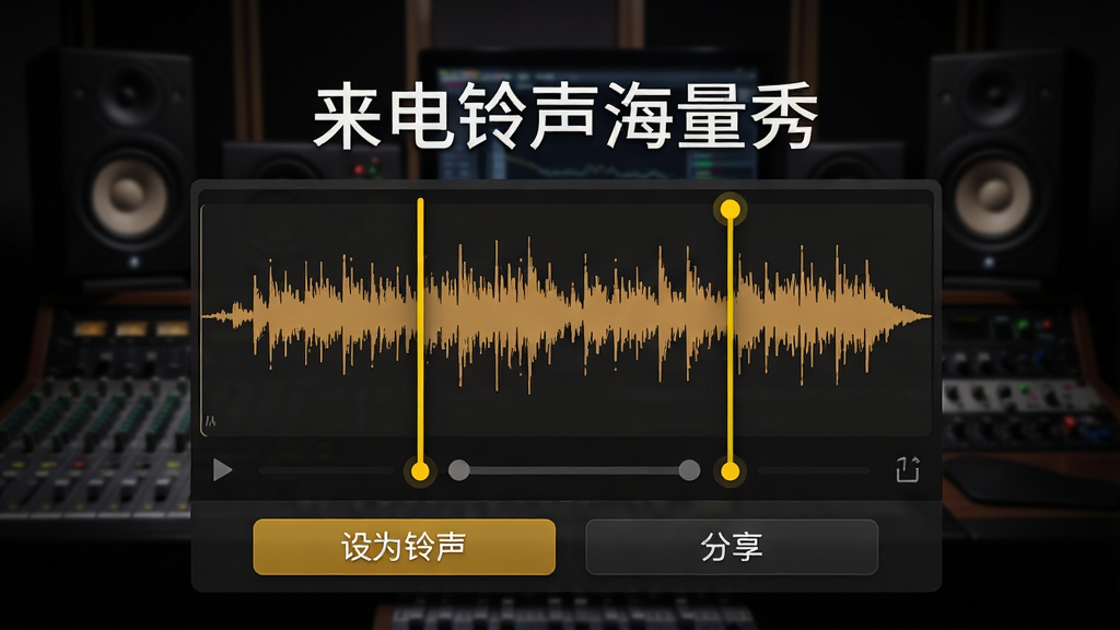 画面主体为音频剪辑波形界面,波形图上方标注有“来电铃声海量秀”字样,界面中有两个可拖动的黄色时间光标,下方有“设为铃声”、“分享”等按钮,背景为深色音乐工作室风格,有调音台和监听音箱的模糊剪影。整体布局为剪辑软件居中,风格写实与UI结合,细节专业,画质干净,无多余元素。