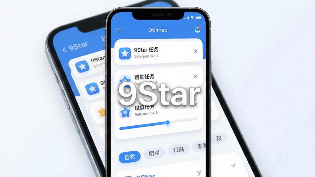 9Star软件主界面预览图,主体为智能手机屏幕展示应用首页,布局清晰显示下载任务列表、进度条与分类标签,排版采用卡片式设计,现代扁平化风格,主色调为科技蓝与白色,界面细节圆润柔和,画质高清,干净无多余元素,屏幕中央显示“9Star”应用名称与水印。