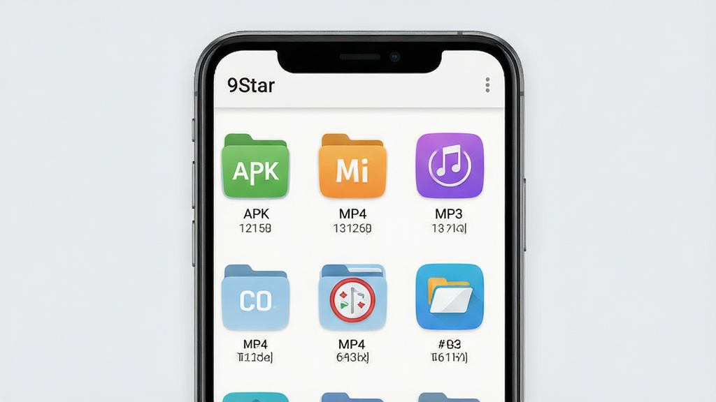 9Star文件分类管理界面展示,主体为手机屏幕展示分类文件夹图标,如APK、MP4、MP3等,布局为网格视图,排版整齐,风格清爽简约,背景淡灰色,细节包含文件大小与数量标签,画质干净,无多余元素,屏幕顶部显示“9Star”文件管家。