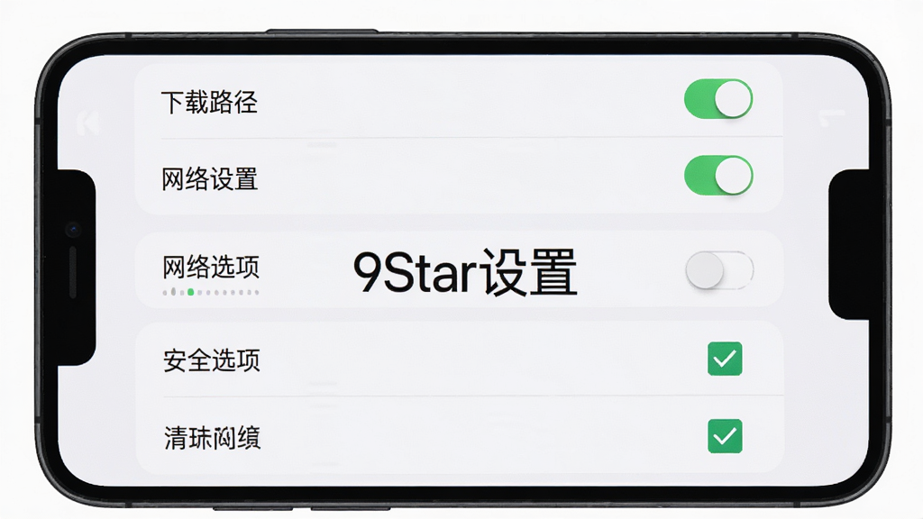 9Star设置界面引导图,主体为手机屏幕展示设置菜单,包含下载路径、网络设置、安全选项等,布局为列表形式,排版清晰,风格简洁,背景为浅白色,细节有开关按钮与勾选选项,画质干净,无多余元素,屏幕中央显示“9Star设置”。