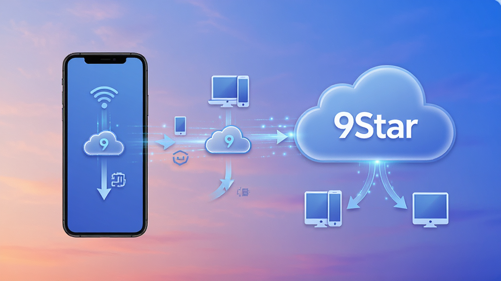 9Star云同步功能示意图,主体为手机与云服务器之间通过光线连接传输数据,背景为渐变天空,布局左右呼应,排版直观,风格现代科技感,细节包含多个设备图标与同步箭头,画质高清,干净无多余元素,云端图形内嵌“9Star”标识。