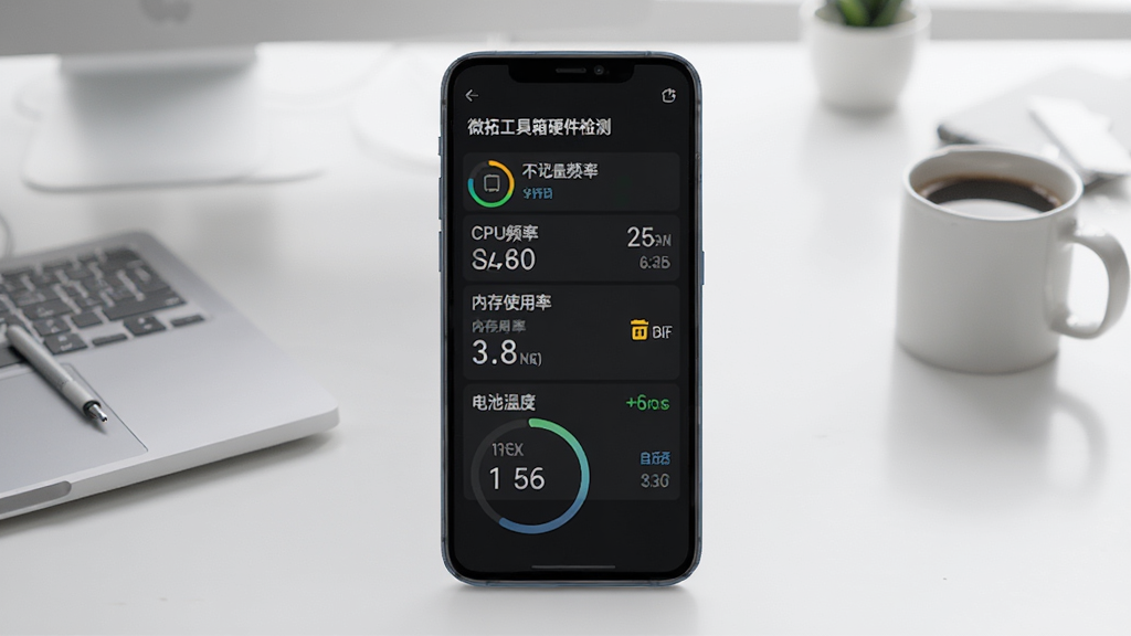 微拓工具箱硬件检测界面,屏幕中央显示手机型号与关键硬件参数列表,包括CPU频率、内存使用率、电池温度,旁边有跑分圆环,背景为极简工作台,有笔记本与咖啡杯,风格干净明亮,高清画质,无多余元素。