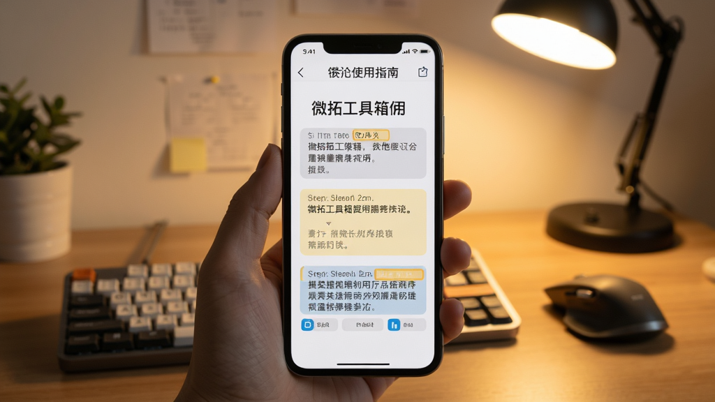 手机屏幕展示微拓工具箱使用指南界面,页面上有步骤文字说明与高亮提示框,背景为书房桌面,有键盘鼠标与台灯,整体风格温馨实用,高清画质,干净无多余元素。