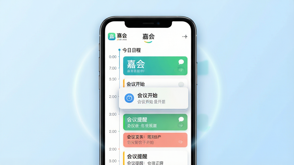 主体:手机屏幕展示“嘉会”APP主界面,界面清晰显示今日日程列表与会议提醒卡片。布局:手机居中,背景为干净的浅蓝色渐变,屏幕内容放大清晰可见。排版:界面布局简洁,时间轴与任务卡片错落有致。风格:现代扁平化设计,色彩明快,强调效率感。细节:屏幕中显示“嘉会”Logo与“会议开始”通知弹窗,周围有轻微的阴影和光晕效果。画质:4K超高清,干净无多余元素。